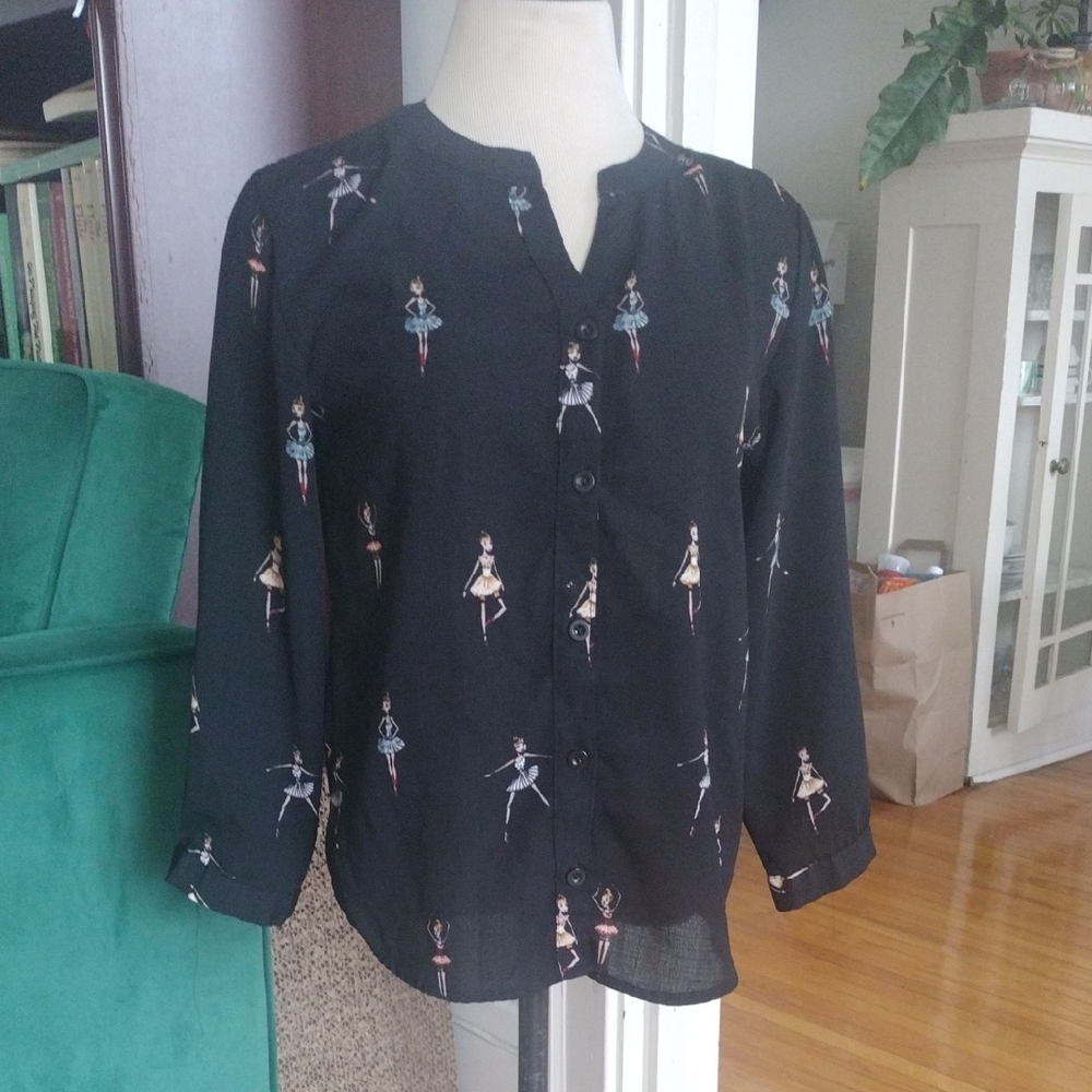 Black Ballerina Print Button-Up Blouse